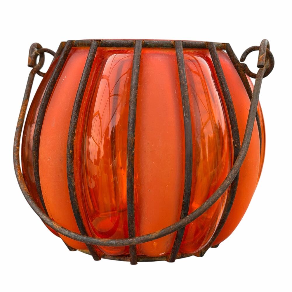 Orange Art Glass Pumpkin Jar Wire Cage Swinging Handle Primitive Style READ